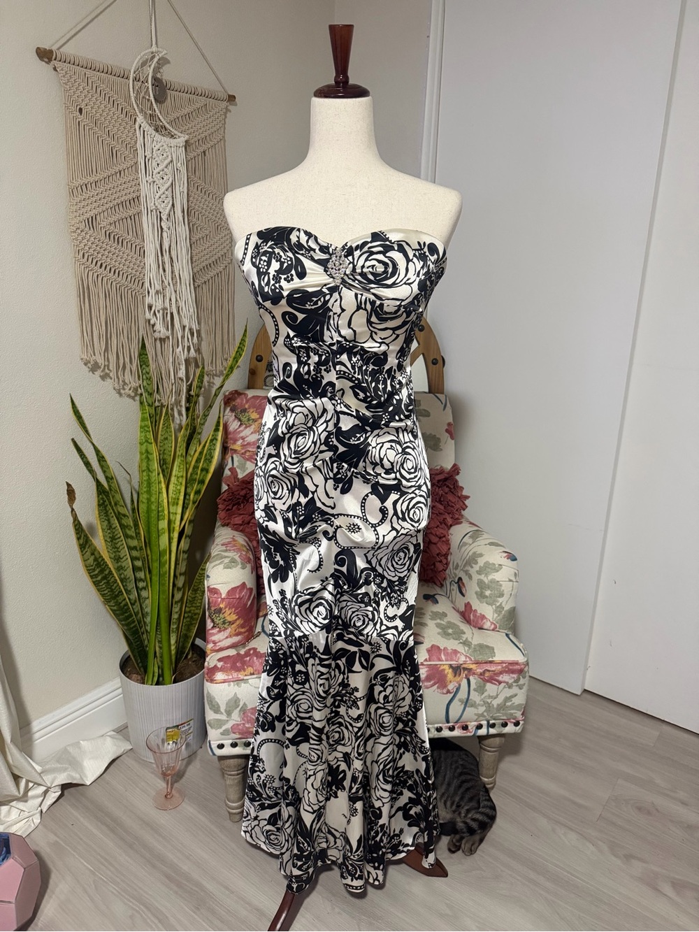 Strapless Black & White Floral Evening Gown